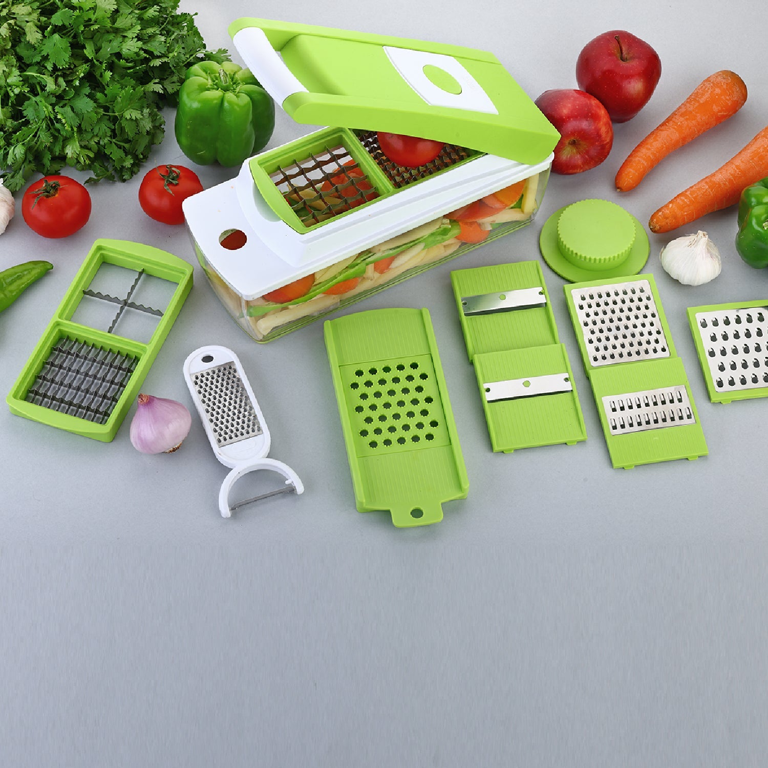 House of Sensation 14-in-1 vegetable dicer, showcasing its various components and functionality.